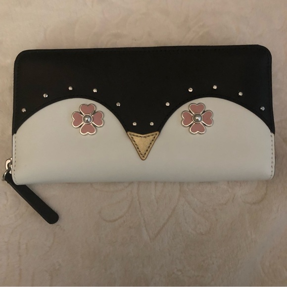 Kate Spade Black Leather Frosty Penguin Large Zip Around Lacey Wallet NWT - Picture 1 of 5